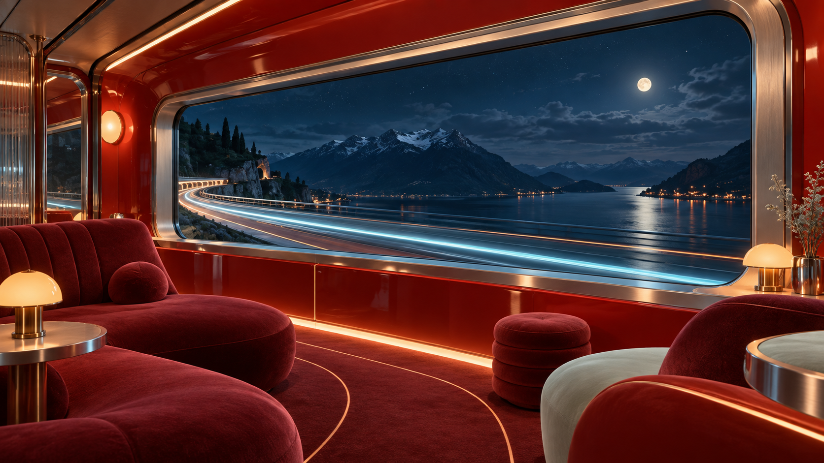 A luminous red retrofuturistic carriage overlooking a moonlit landscape