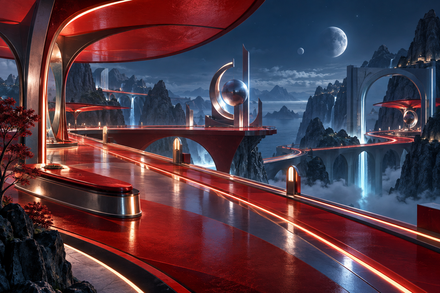 A surreal red platform among moonlit geometric mountains