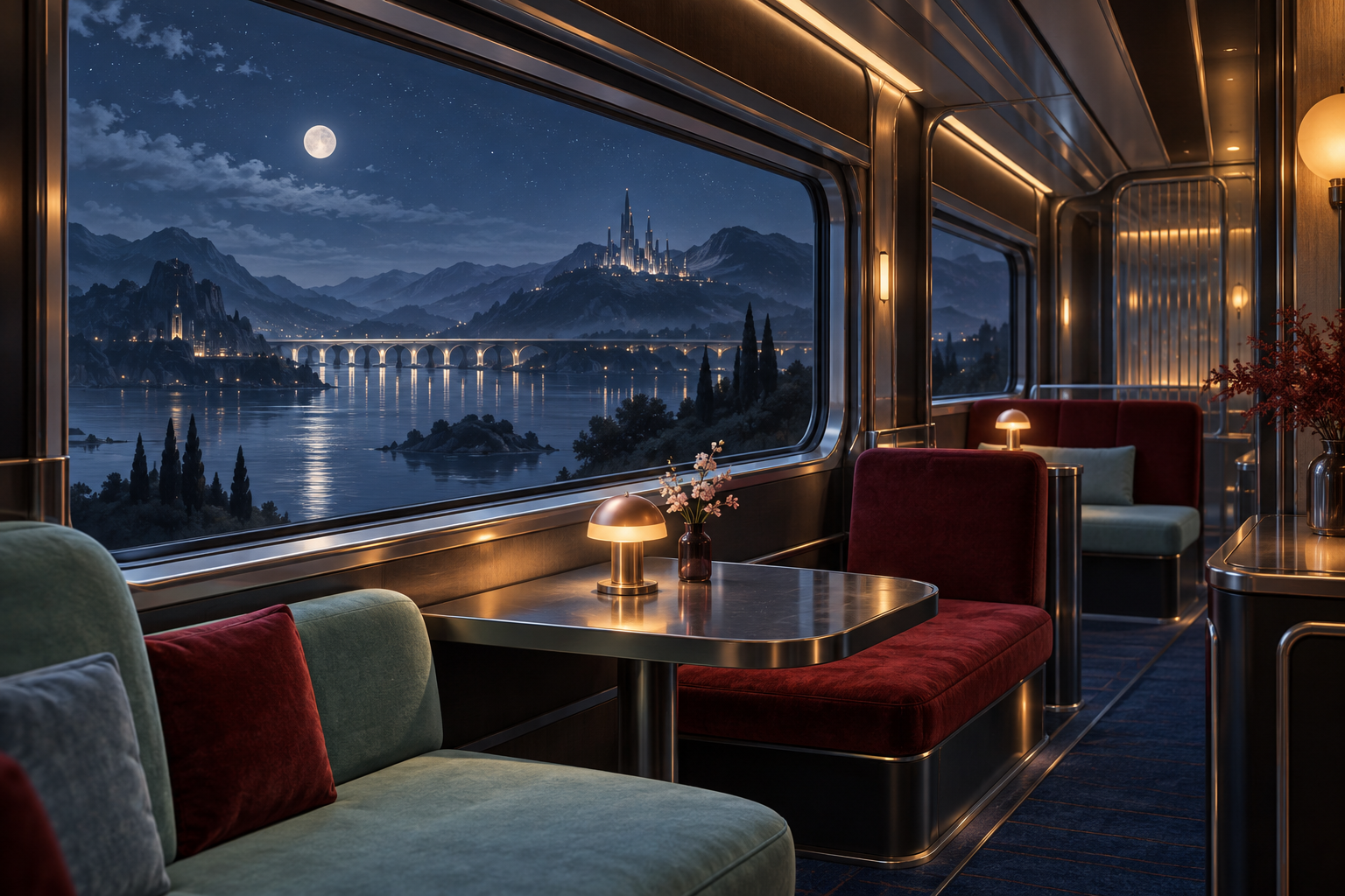A calm carriage with soft seats and a wide moonlit window