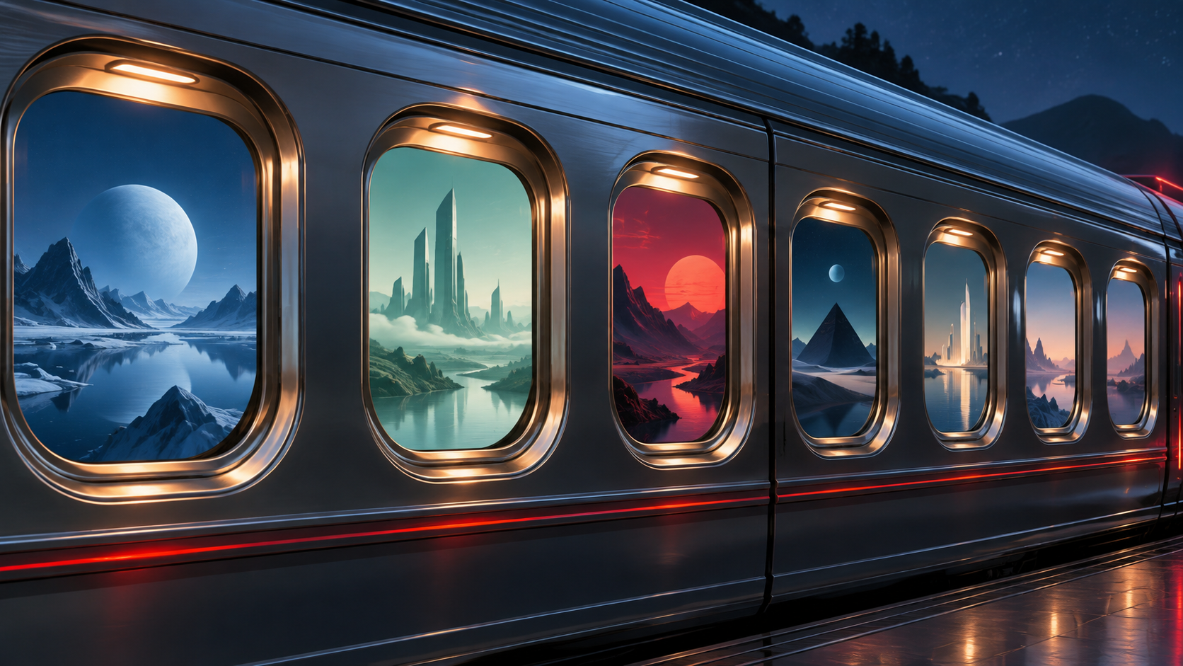 A row of silver windows showing changing dreamlike landscapes